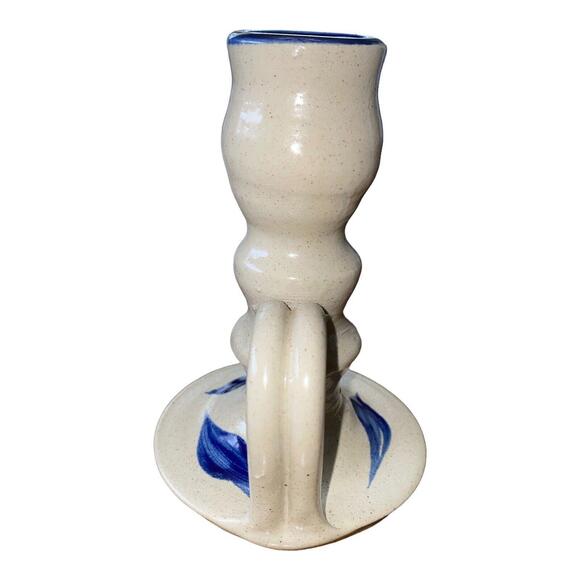 Williamsburg Pottery Candlestick Holder Salt Glazed Cobalt Blue Leaf Gray - Picture 3 of 9